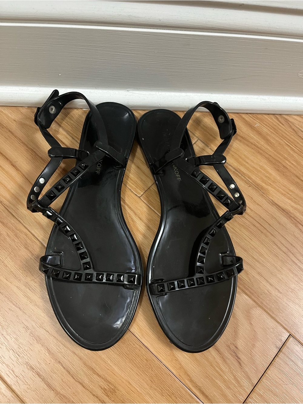 Rebecca Minkoff Black Studded T-Strap Jelly Sandals